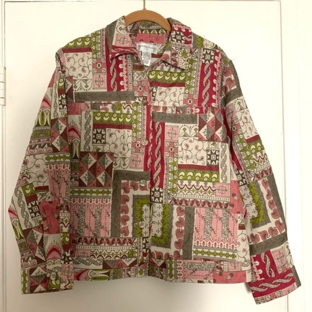 Vintage Drapers And Damons Tapestry Patchwork Blazer Jacket Tan Red P Large